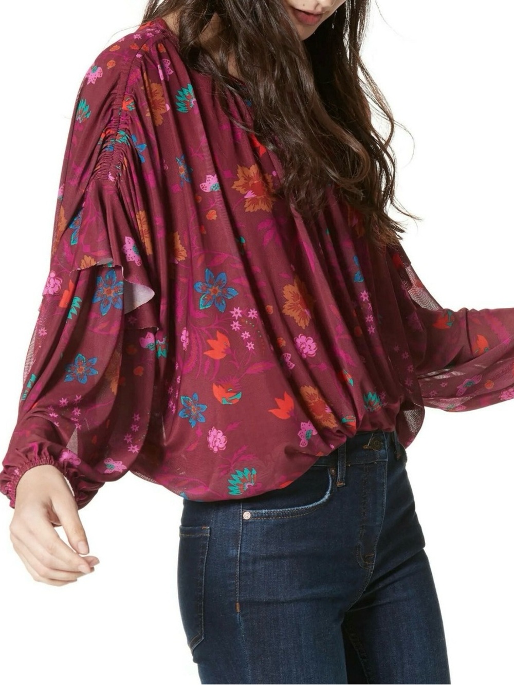 Free People Wildflower Honey Stretch Mesh Ruffle Top Boho Romantic Floral XS